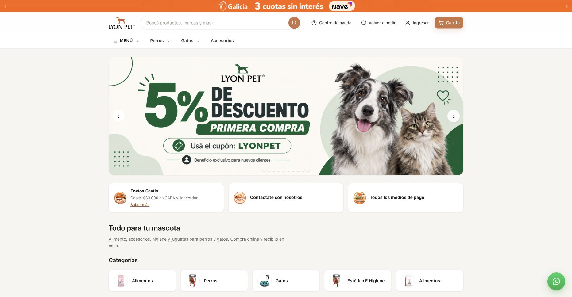 Página de inicio de la tienda LyonPet, con buscador, categorías para perros y gatos y promoción de primera compra.
